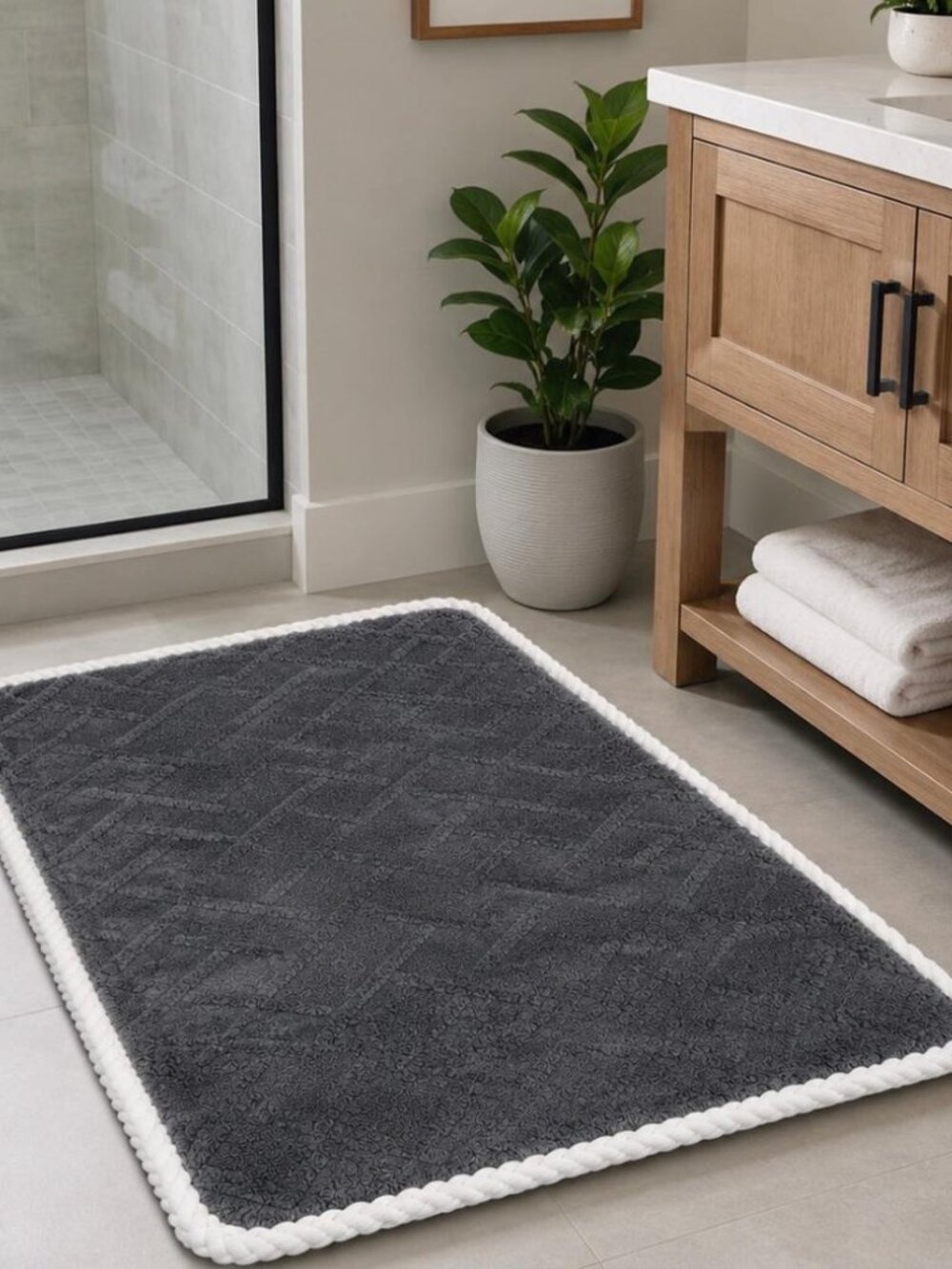 35.4" Square Gray Plush Bathroom Rug White Braided Trim Bath Mat 3x3